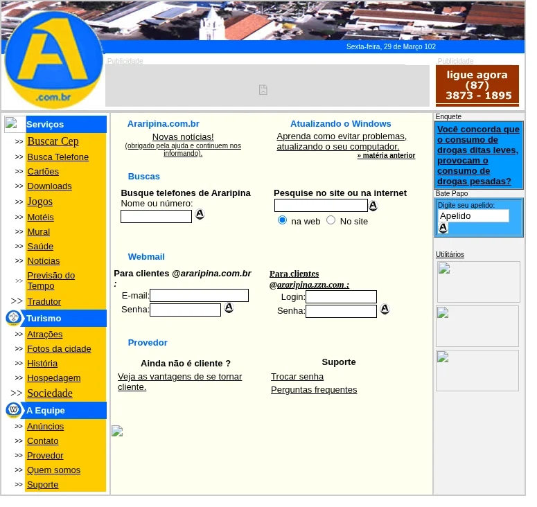 Home de 29 de março de 2002, com o menu de serviços