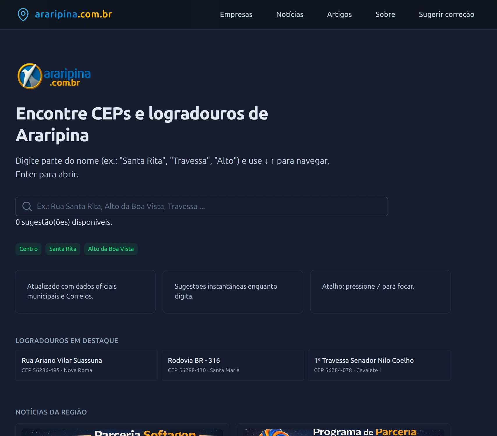 A home atual do araripina.com.br, com a busca de CEPs